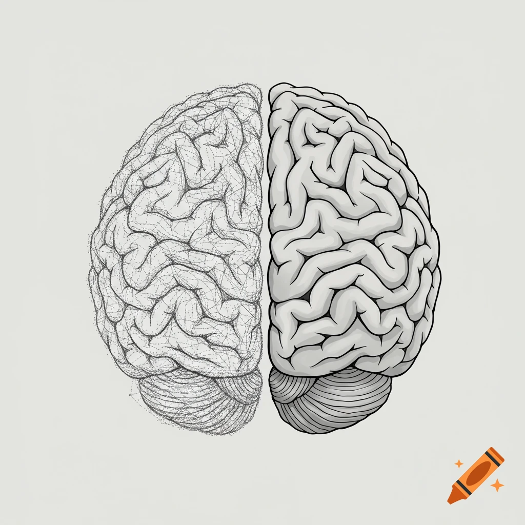 A vector illustration of a human brain with the right hemisphere fully drawn and the left hemisphere depicted with dotted lines, on a light background.