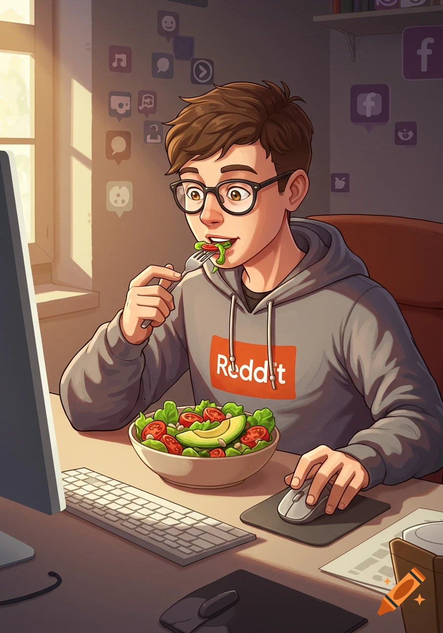 An illustrated young man with glasses wears a "Reddit" hoodie, eating salad from a bowl while using a computer mouse at a desk. Social media icons float around him.