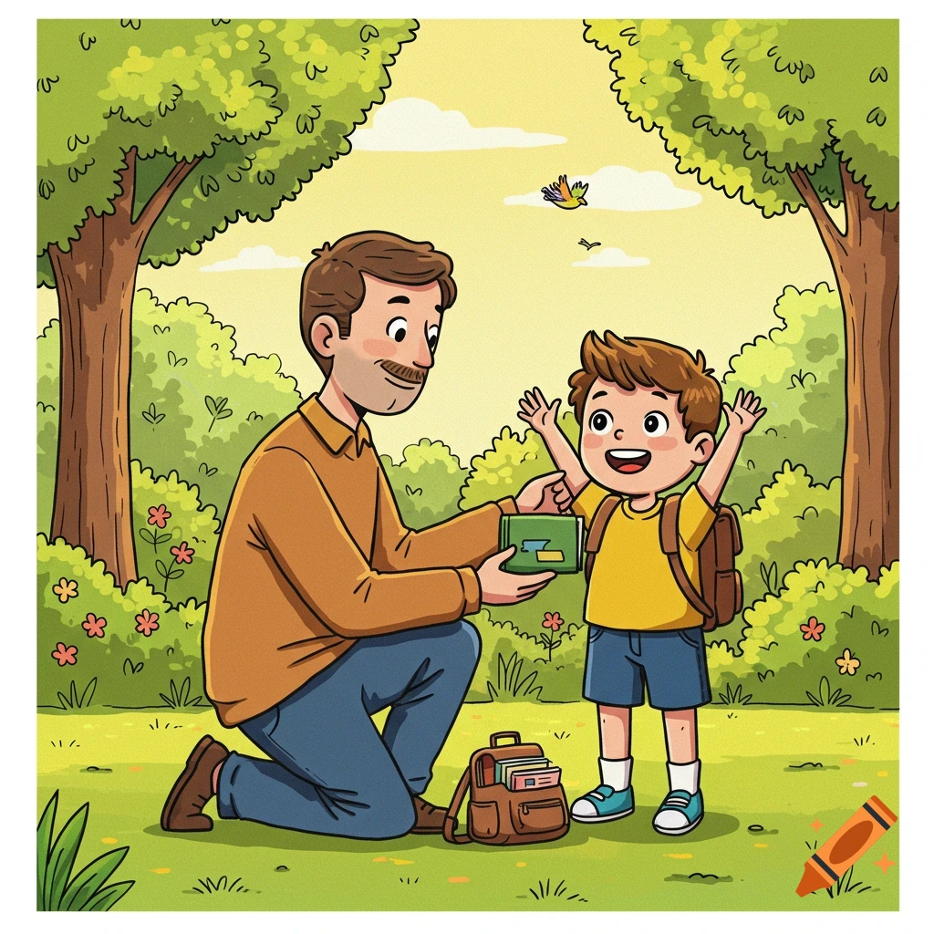 Cartoon illustration of a father giving a green object to his excited son with a backpack in a sunny park.