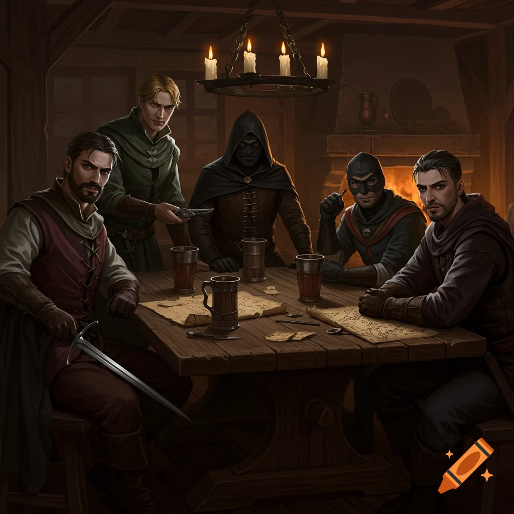 Five medieval-style thieves, some masked or hooded, gather around a wooden table with maps and drinks in a dimly lit tavern.