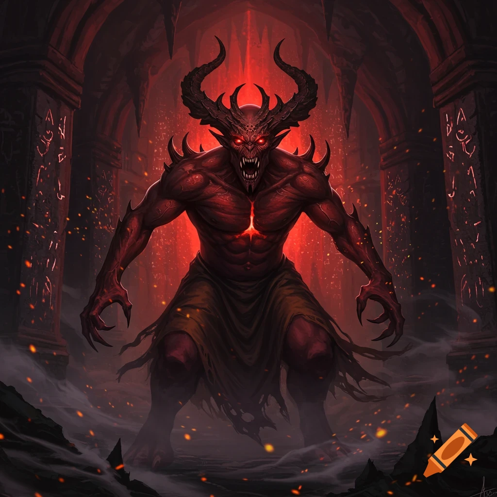 A fearsome red-skinned demon with glowing eyes and large horns stands in a dark, fiery, hellish archway.
