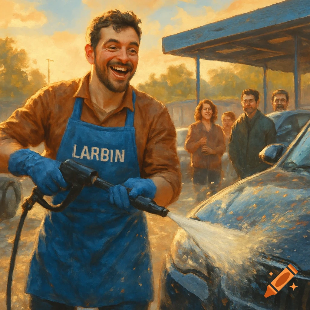 A smiling man in a blue apron and gloves power washes a black car at an outdoor station, with several people watching in the painterly background under an orange sky.