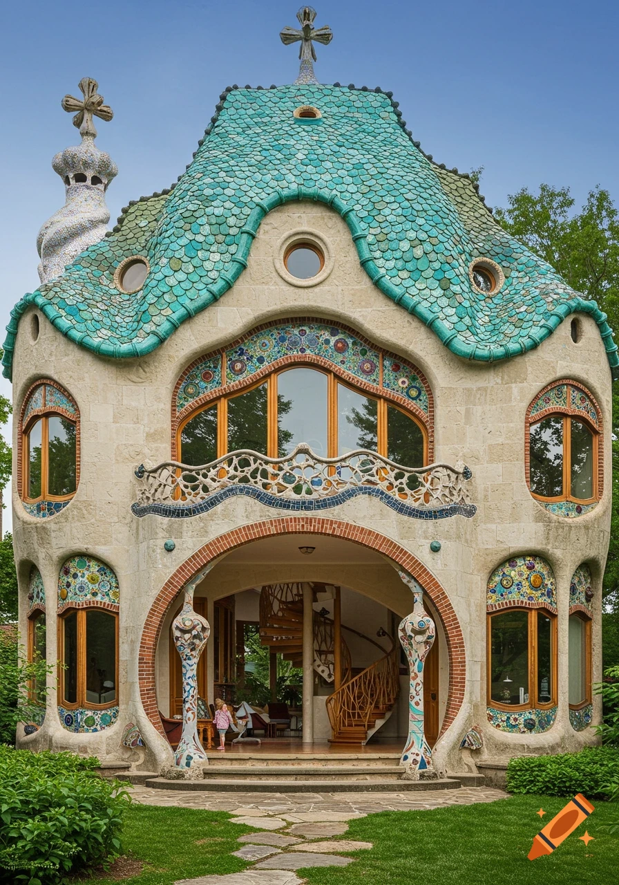 A photorealistic, ornate house with a turquoise scalloped roof and mosaic-decorated facade, featuring a central archway and a spiral staircase visible inside.