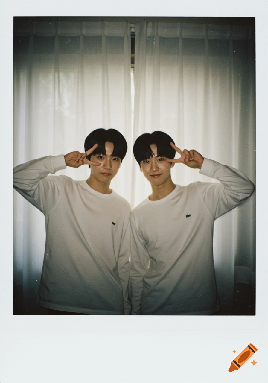 Two young men in white long-sleeve shirts make peace signs, posing for a retro-style Polaroid photo against white curtains.