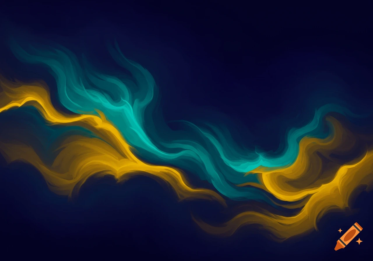 Abstract swirls of teal and mustard yellow on a dark blue background.