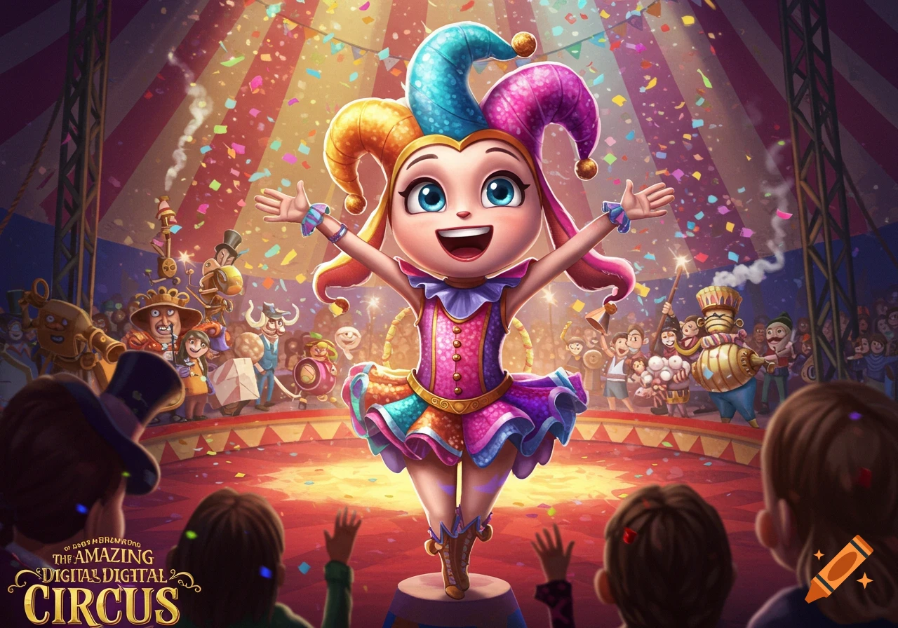 Pomni, a cartoon jester in a colorful outfit, stands on a podium with arms outstretched in a vibrant circus tent filled with confetti and an audience.