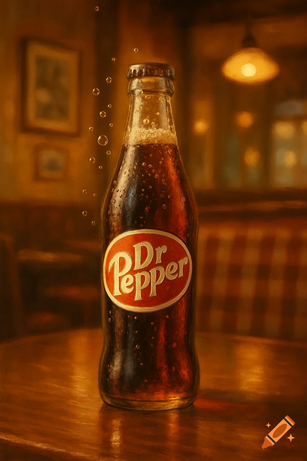 A close-up of a Dr Pepper bottle with condensation and rising bubbles, sitting on a wooden table in a warm-toned, dimly lit interior.