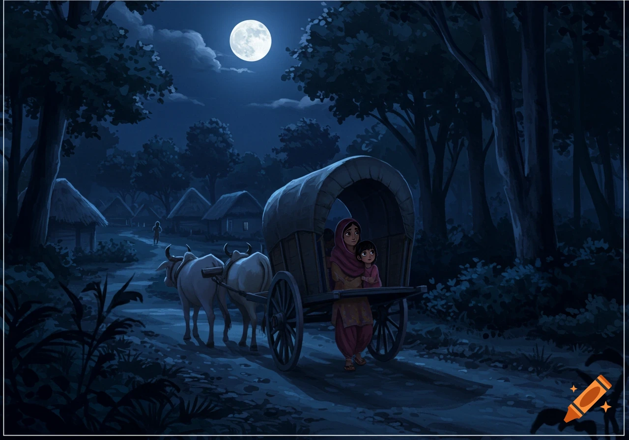 An animated illustration of a mother and child riding a bullock cart through a village at night under a full moon.