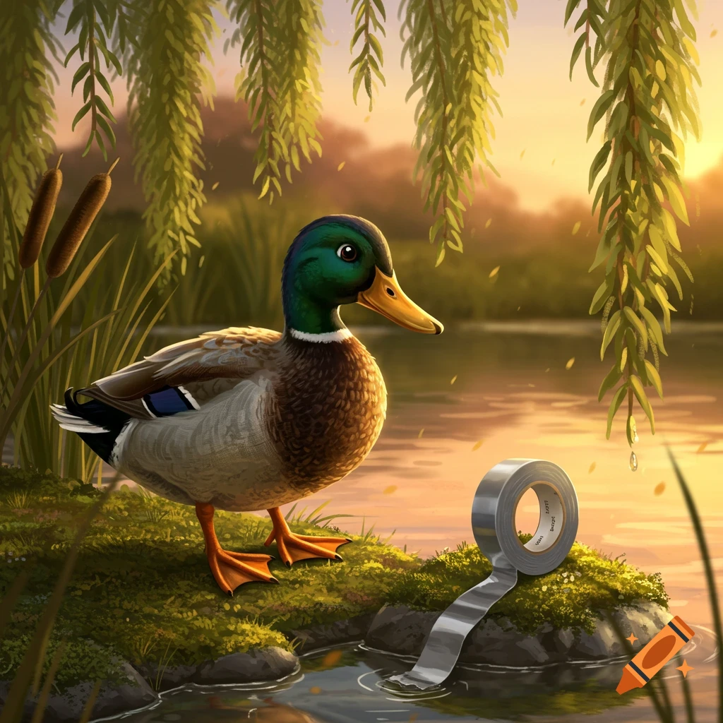A mallard duck stands on moss by a pond, looking at a roll of silver duct tape with garbled text.