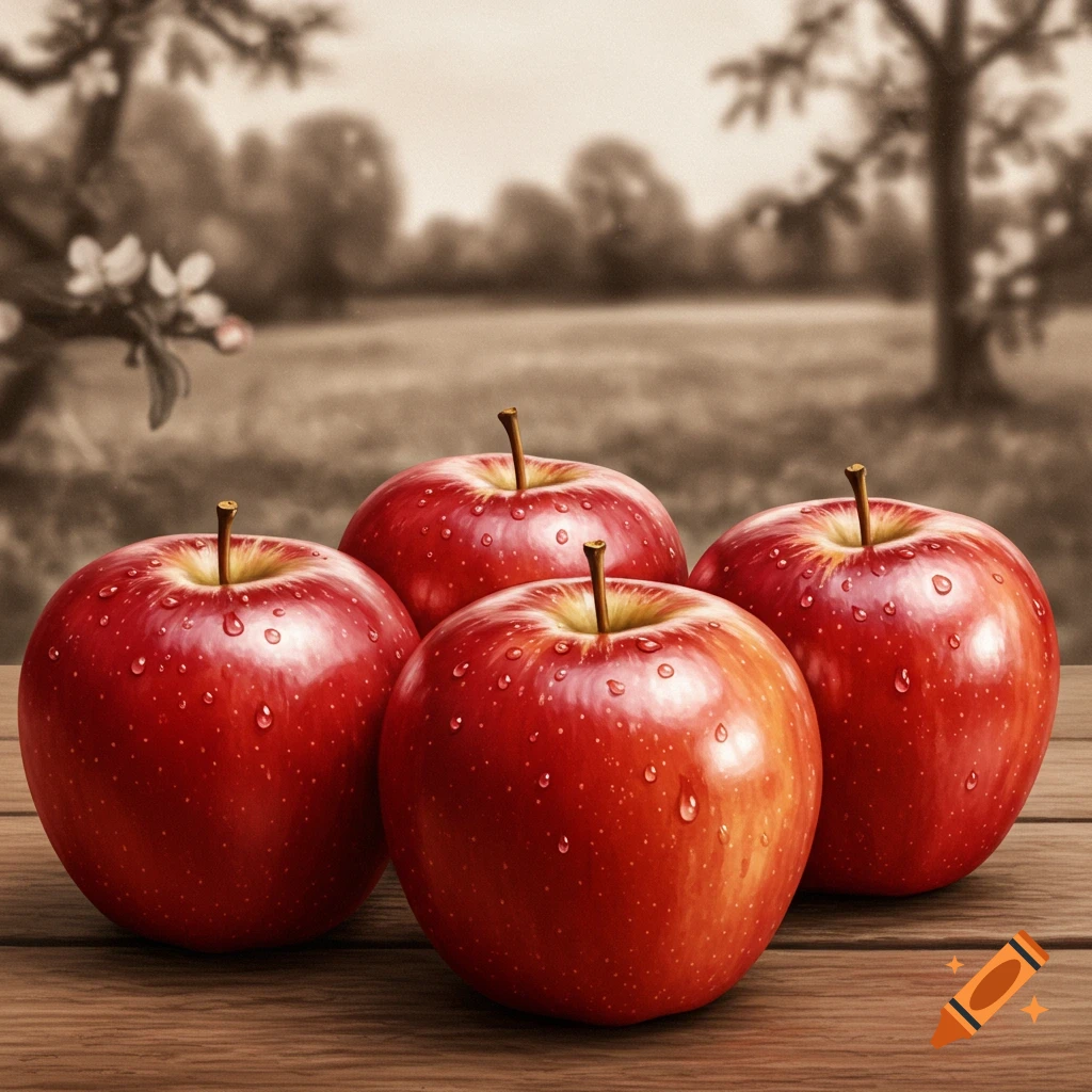 Four vibrant red apples with water droplets rest on a rustic wooden table, set against a blurred sepia-toned outdoor background with trees.