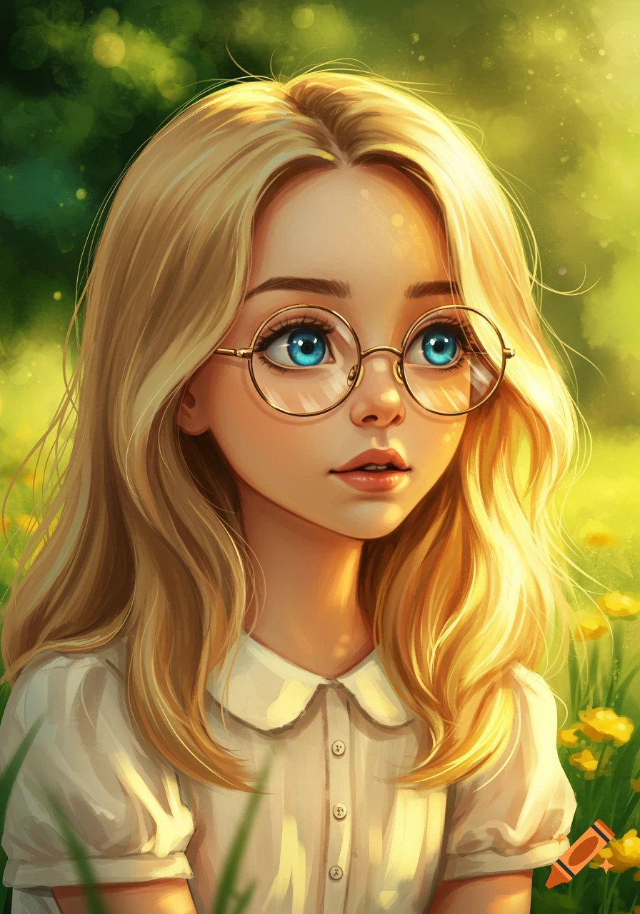 A digital art portrait of a blonde girl with blue eyes and round glasses, illuminated by sunlight in a vibrant green and yellow field.