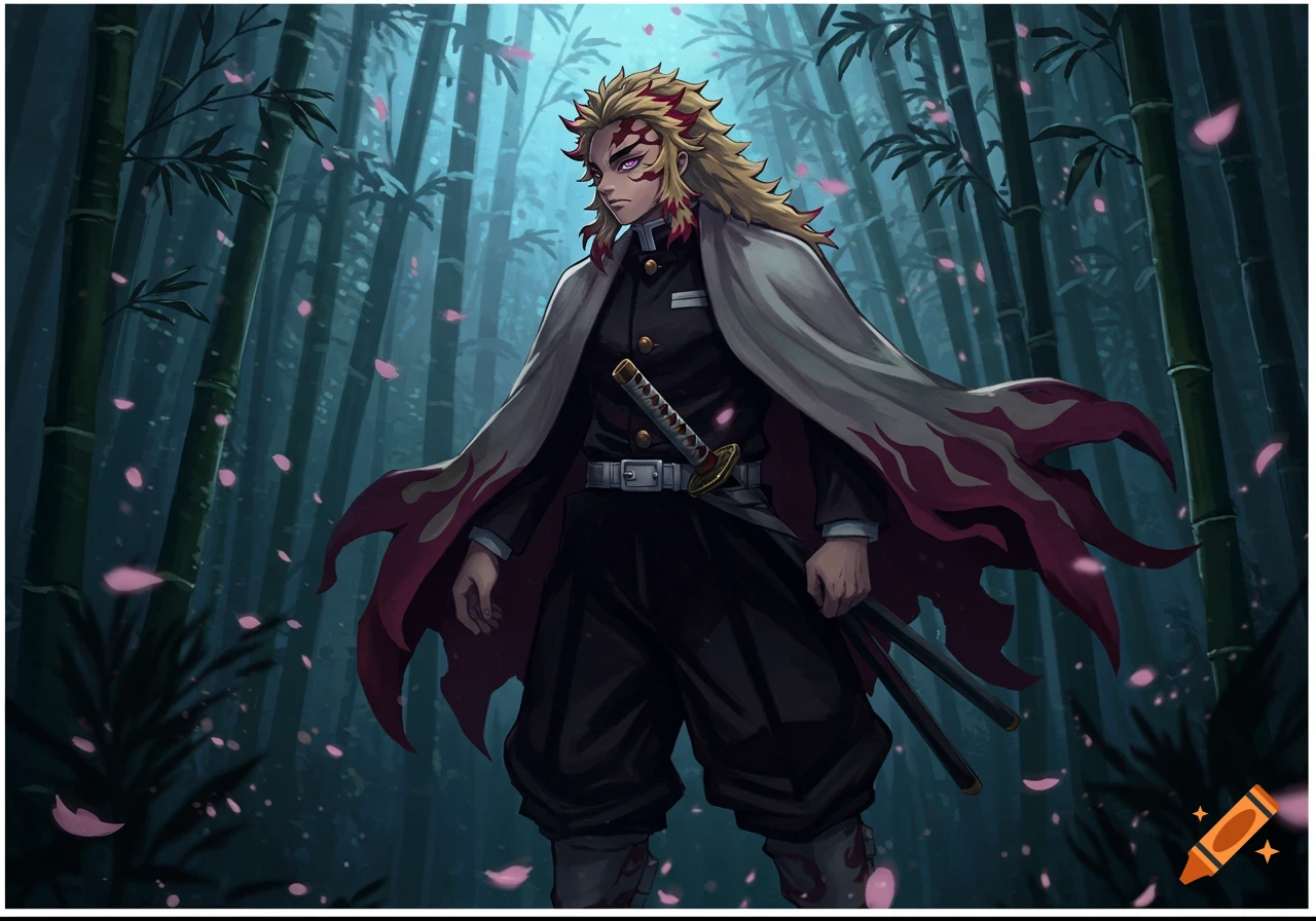 Anime character with spiky yellow and red hair, black uniform, and flame-patterned cape in a dark bamboo forest with pink petals.