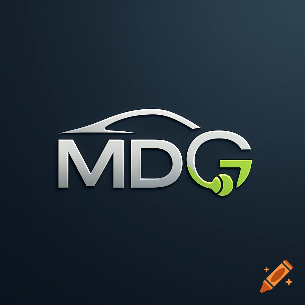 A sleek grey and green logo featuring the letters MDG, with a car silhouette over 'MD' and a tennis ball/racket element in the 'G', on a dark background.