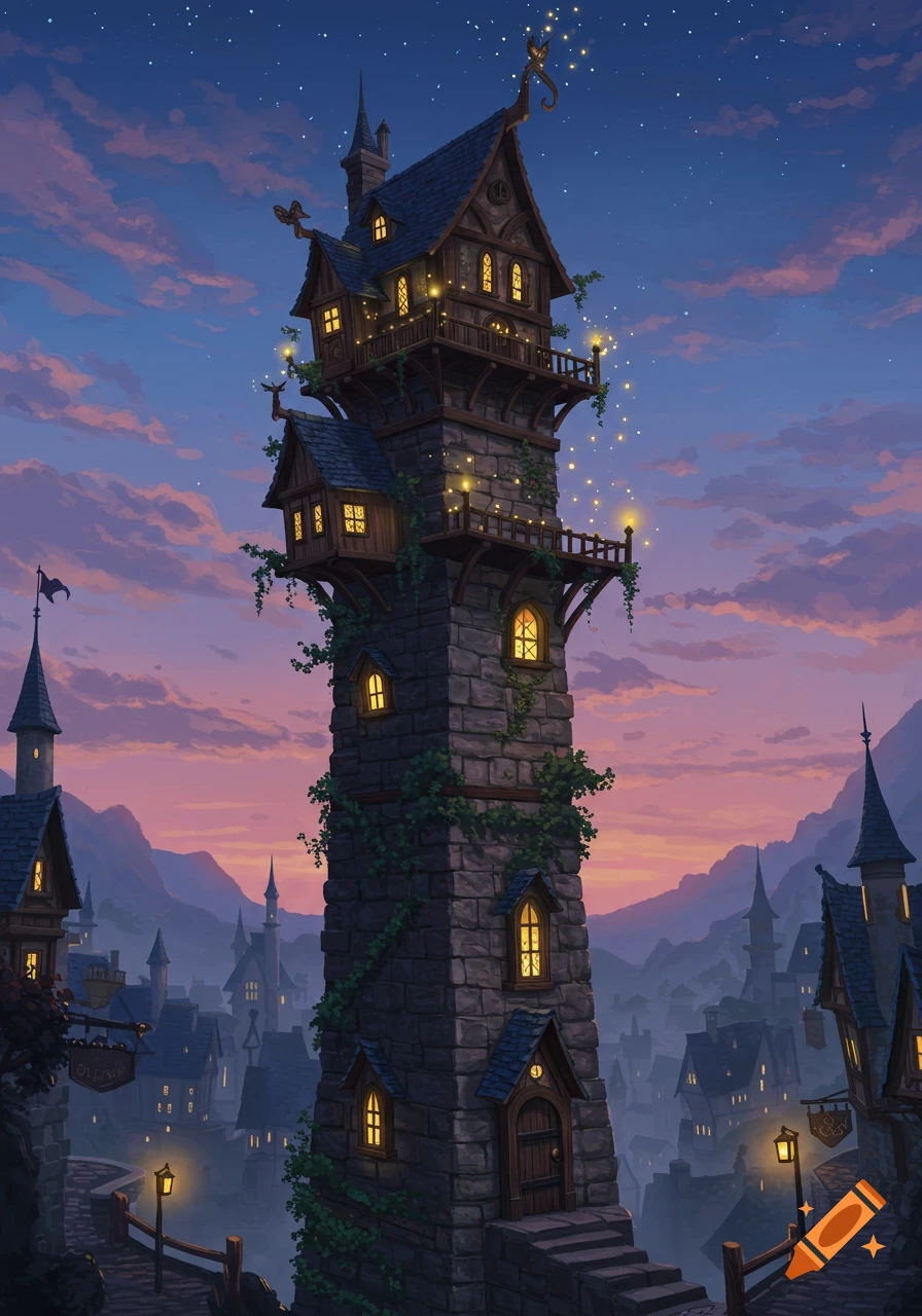 A whimsical stone wizard tower with illuminated windows and fairy lights, overlooking a medieval village at dusk. Illustration.