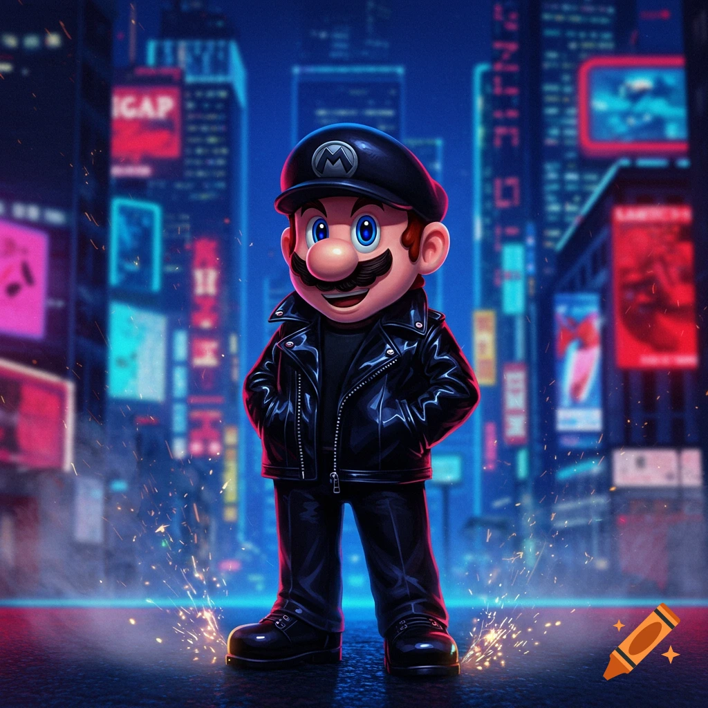 Super Mario in a black leather jacket and cap stands in a neon-lit city at night, with sparks on the ground.