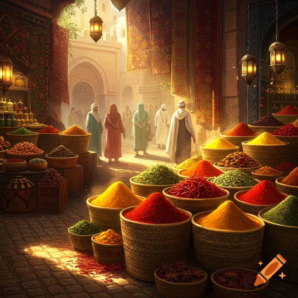 A vibrant, photorealistic image of a bustling Middle Eastern spice market with large baskets of colorful spices in the foreground and people walking through arched alleys.