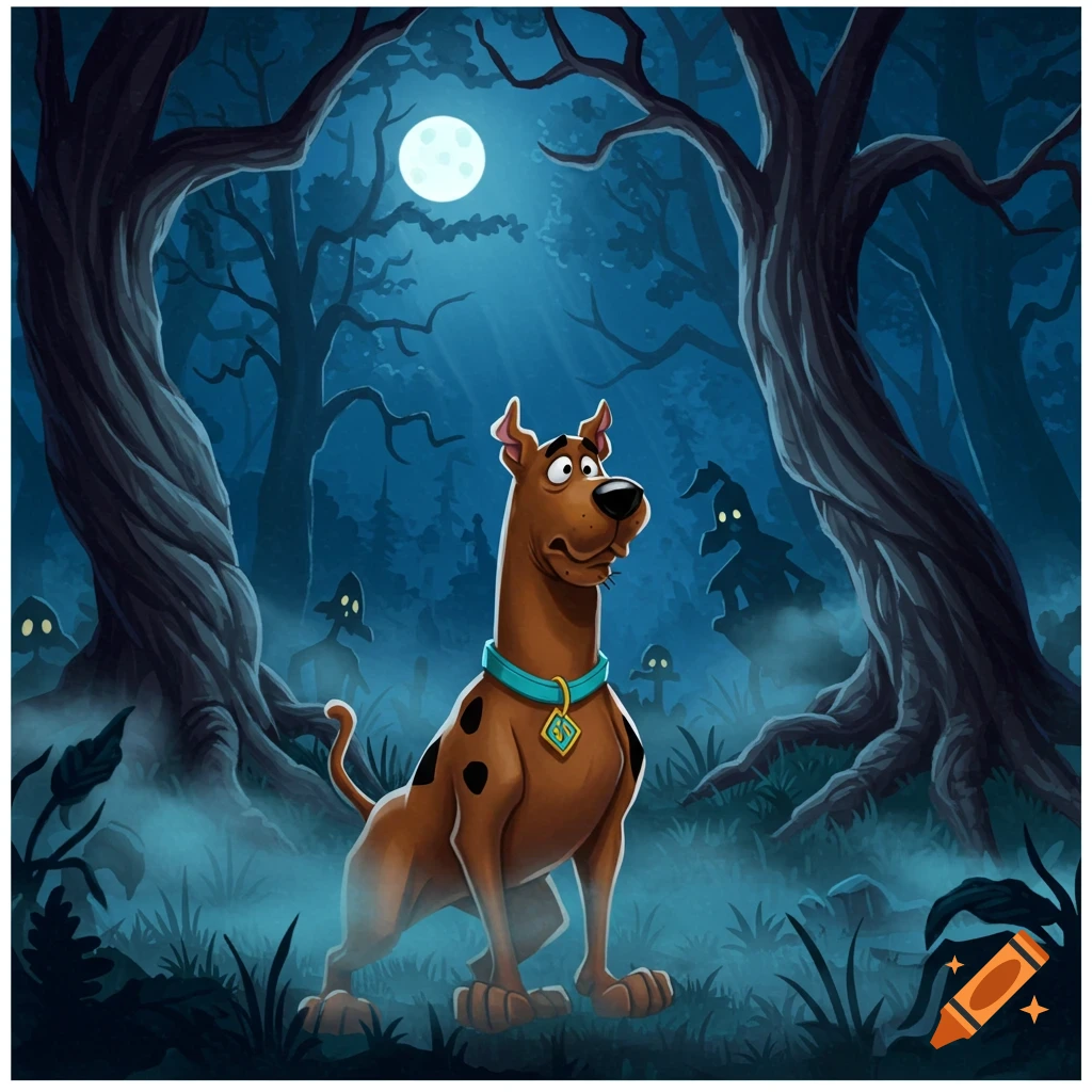 Scooby Doo, a brown Great Dane with a teal collar, stands nervously in a moonlit, misty forest with spooky, shadowy figures.