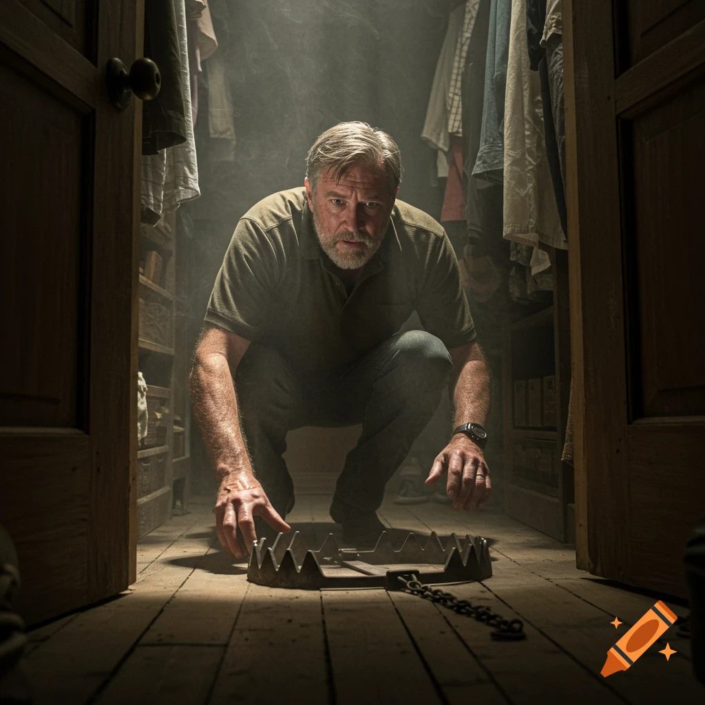 A middle-aged man crouches in a dark closet, looking intently at a bear trap on the wooden floor.