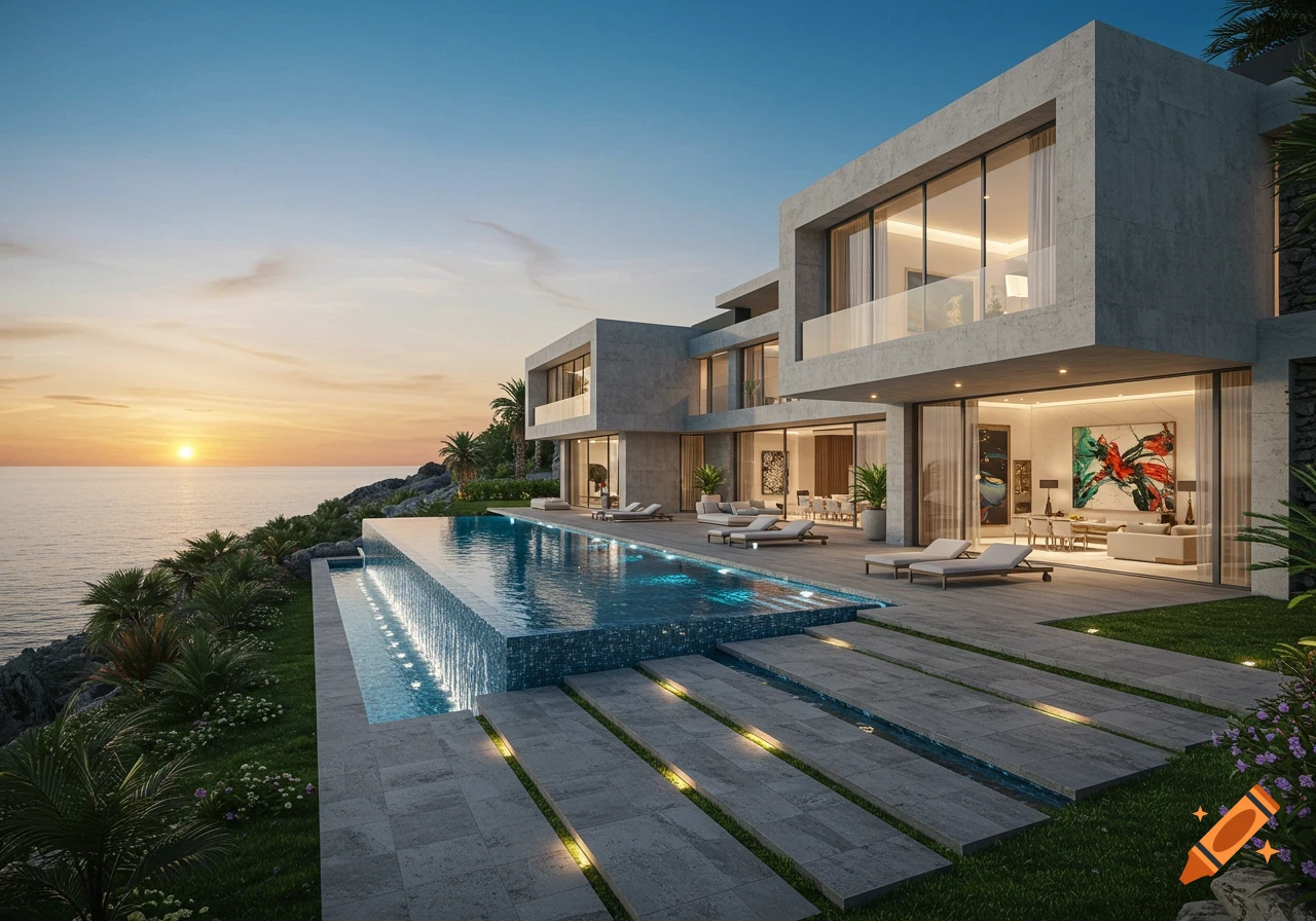 A modern luxury mansion with an infinity pool overlooking the ocean at sunset.
