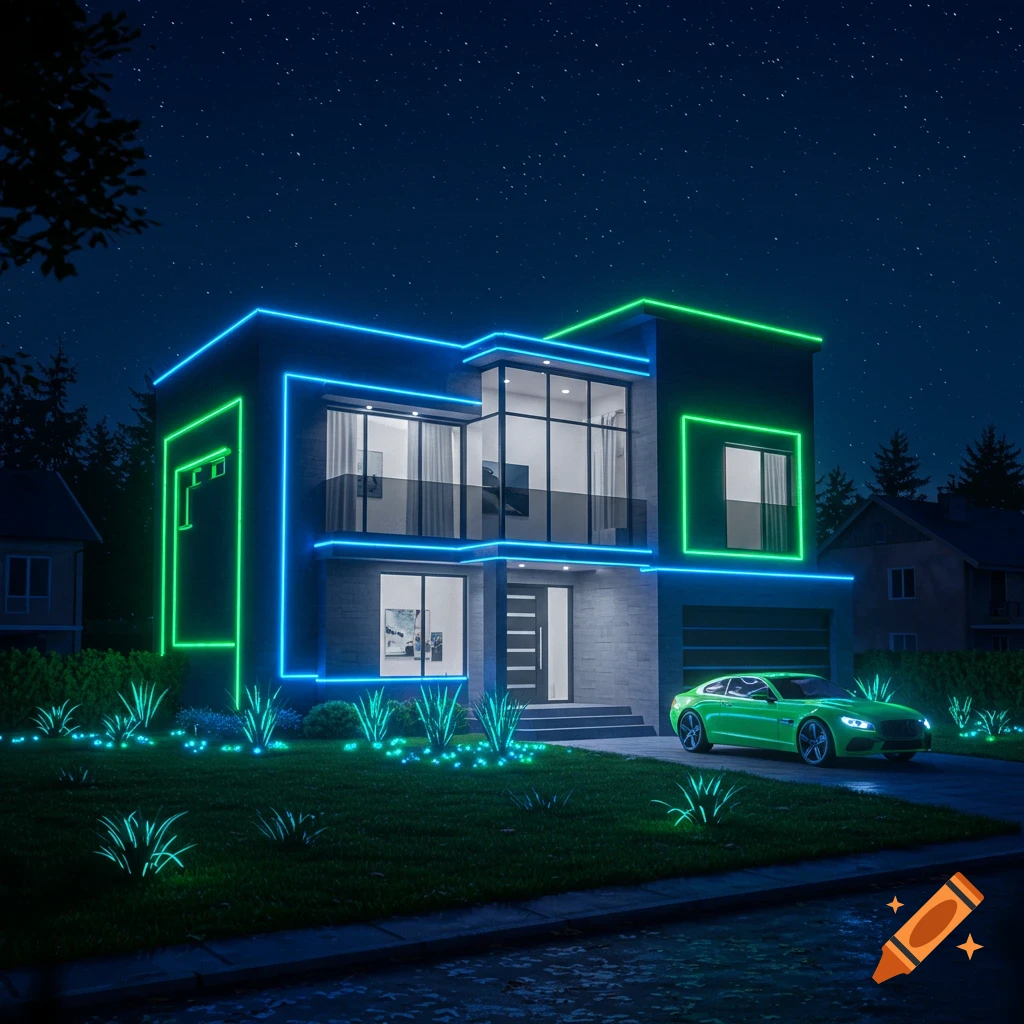 A modern house with blue and green neon strip lighting and a green sports car parked in the driveway at night.