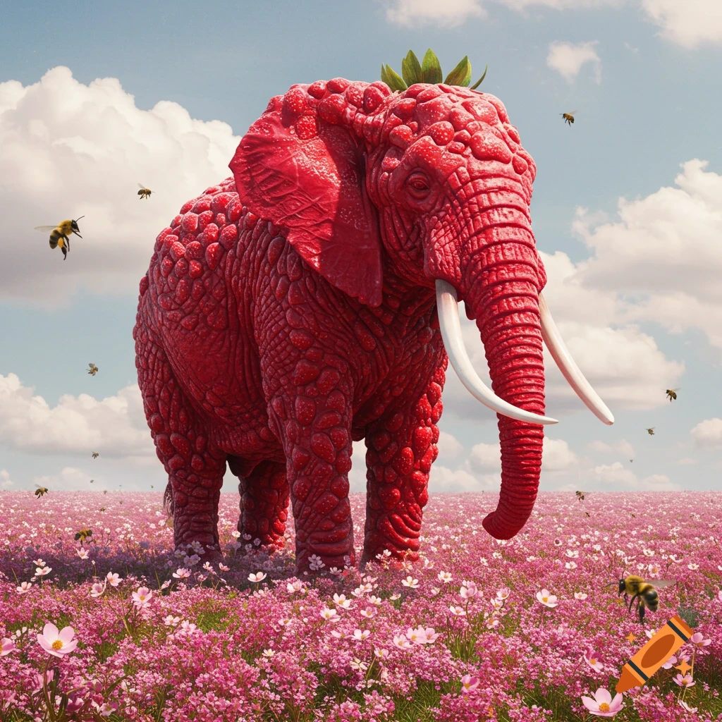 A surreal red elephant made of strawberries with white tusks stands in a pink flower field under a cloudy sky with bees flying around.