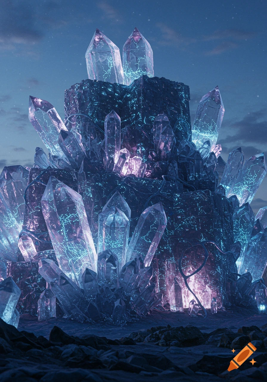 A majestic, glowing blue and purple crystal castle with embedded neural patterns, under a dark sky.