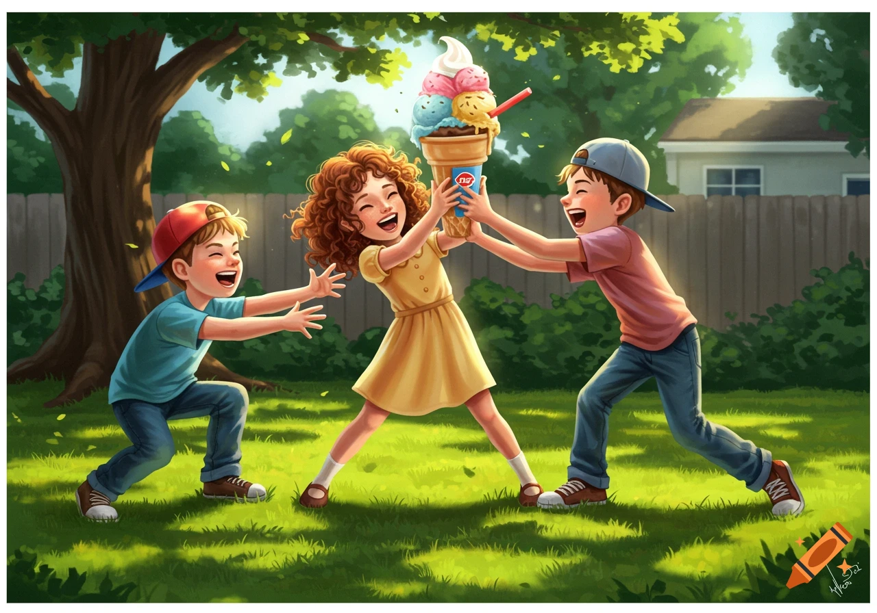 Three happy children, two boys and one girl, tugging on a giant ice cream cone in a bright, sunny backyard. Illustrated style.