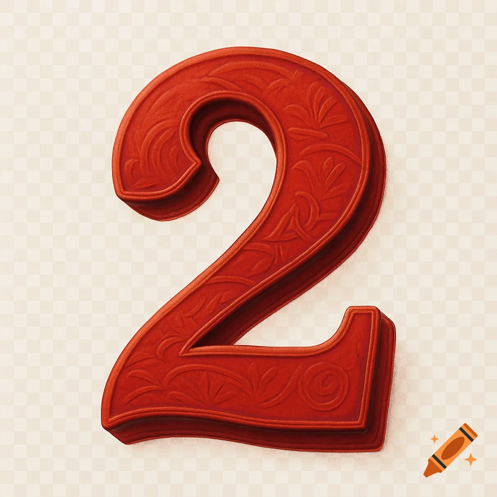 A bold, red, artistic 3D number 2 with embossed floral patterns on a transparent background.