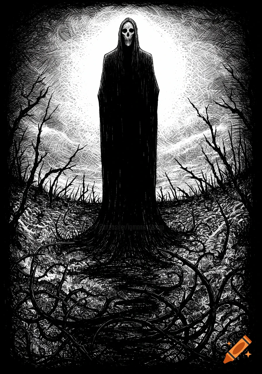 A hooded figure with a skull face stands in a thorny, desolate landscape, illuminated by a bright white light, in a black and white illustration.