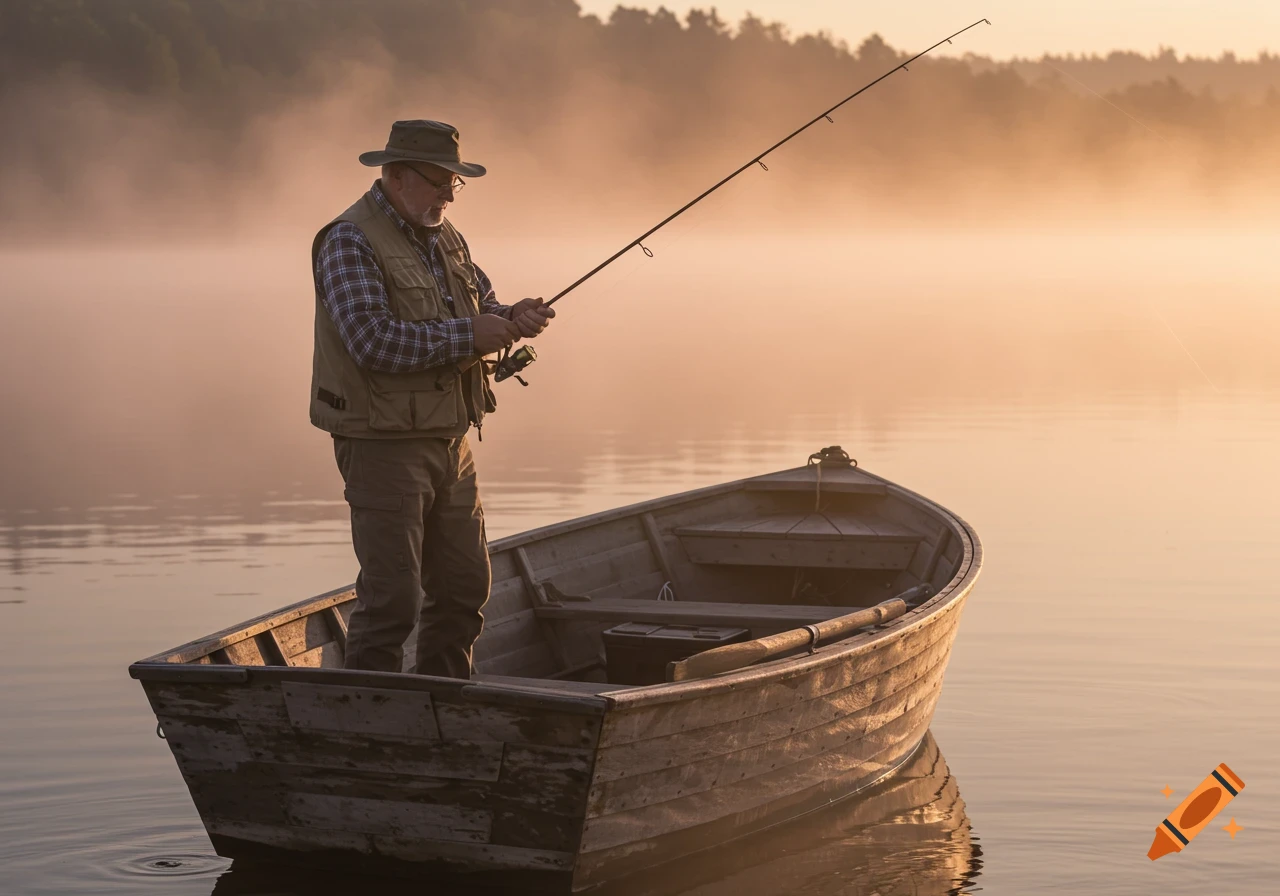 An elderly man stands in a wooden boat, fishing on a misty lake at sunrise.