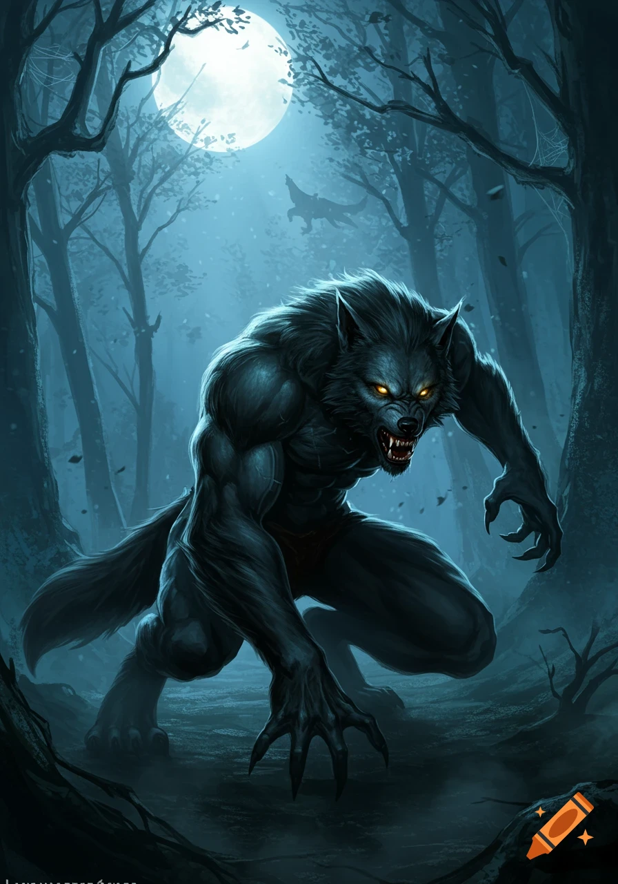 A menacing werewolf with glowing yellow eyes crouches in a dark, moonlit forest under a full moon, digital art.