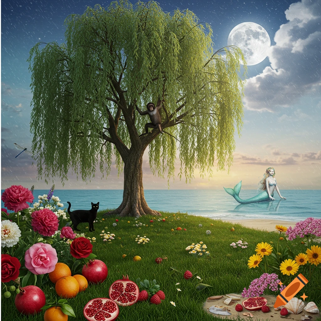 A fantasy scene with a monkey in a willow tree, a mermaid in the sea, a black cat, colorful flowers, fruit, a full moon, and rain.