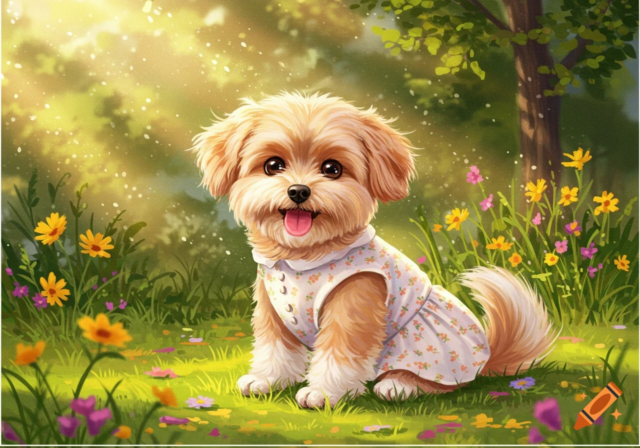 A cute, fluffy dog wearing a white floral dress sits in a sunny field with colorful flowers. Animated style.
