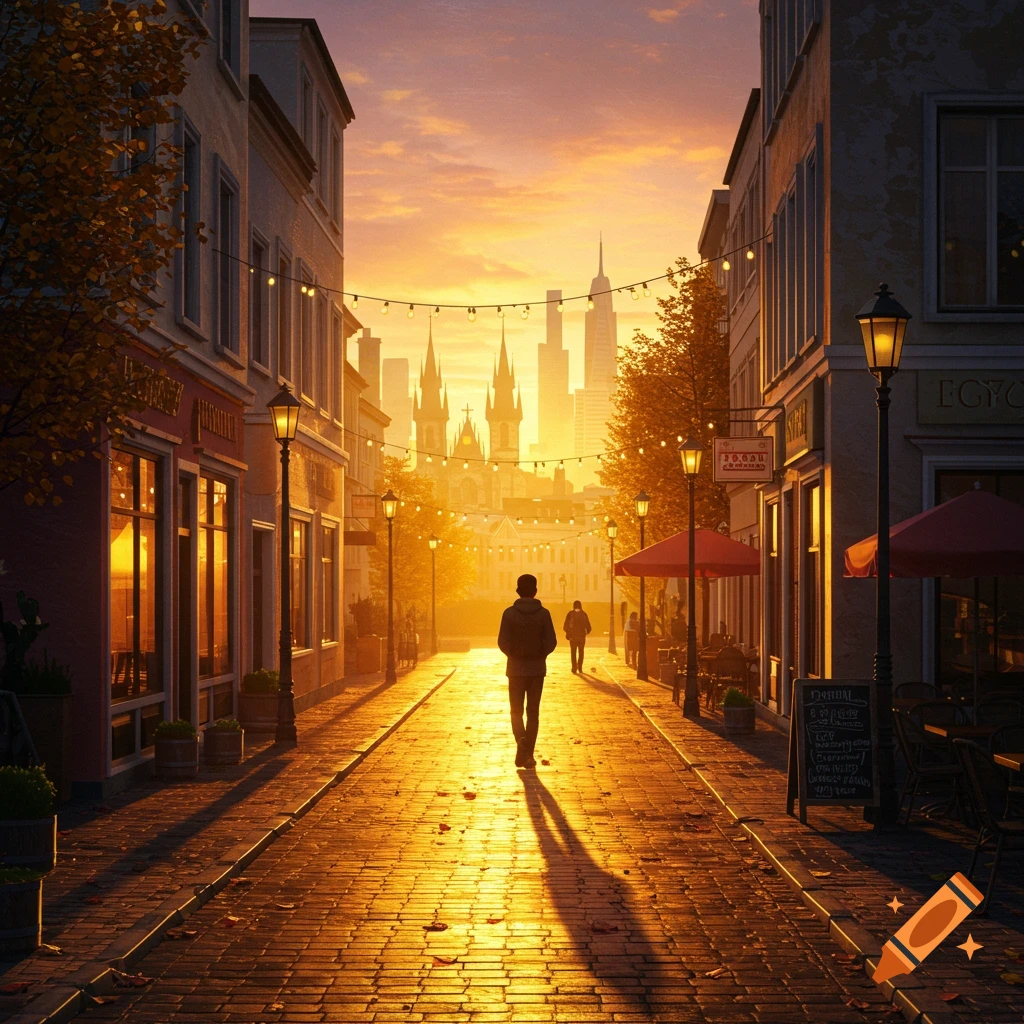 A person walks down a sunlit cobblestone street lined with buildings and glowing string lights at sunset, with a city skyline in the distance.