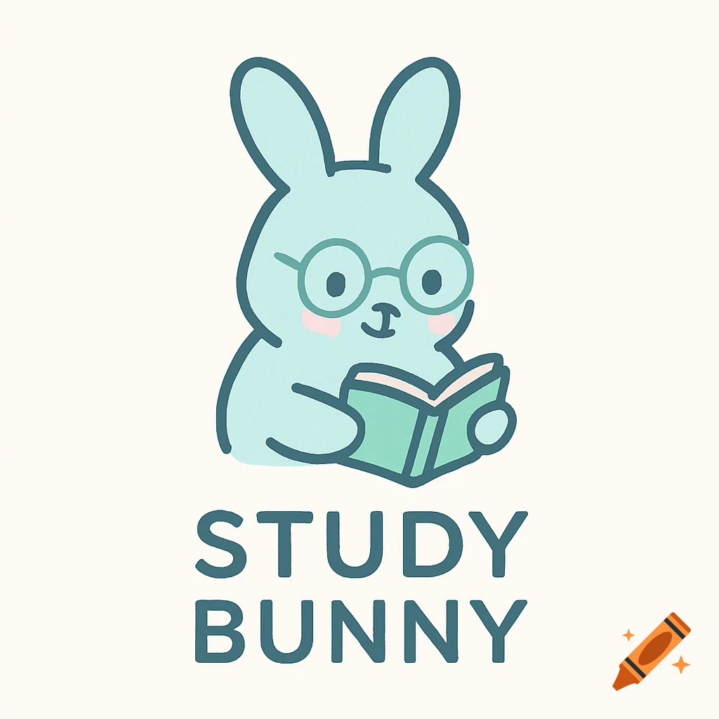 Cute light blue cartoon bunny with glasses holding a book, above 'STUDY BUNNY' text, in a minimalist logo style.