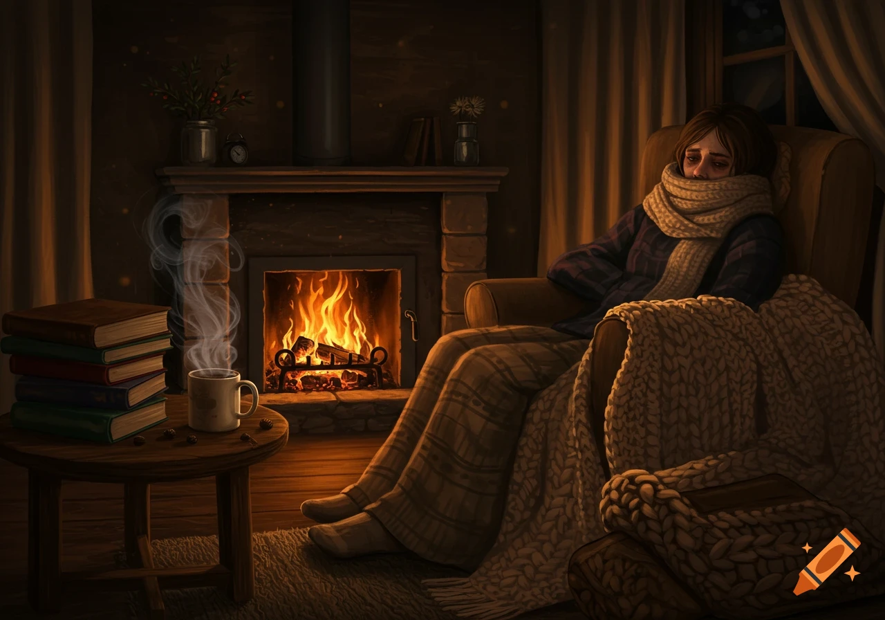 An ill person, wrapped in a blanket and scarf, sits by a warm fireplace with a hot drink and books in a cozy room. Illustration.