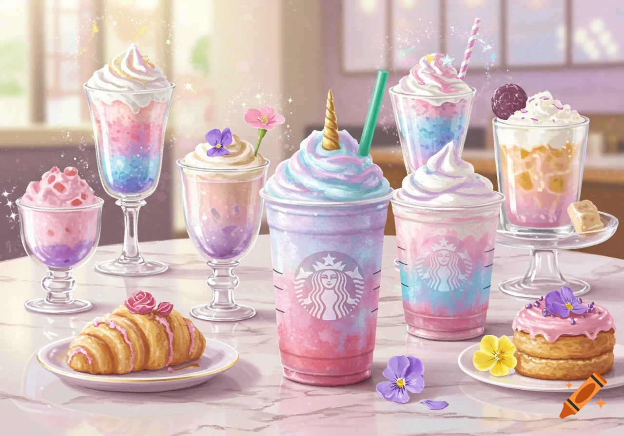 A pastel-colored illustration of various magical-themed Starbucks drinks and pastries with whipped cream, flowers, and glitter on a marble table.