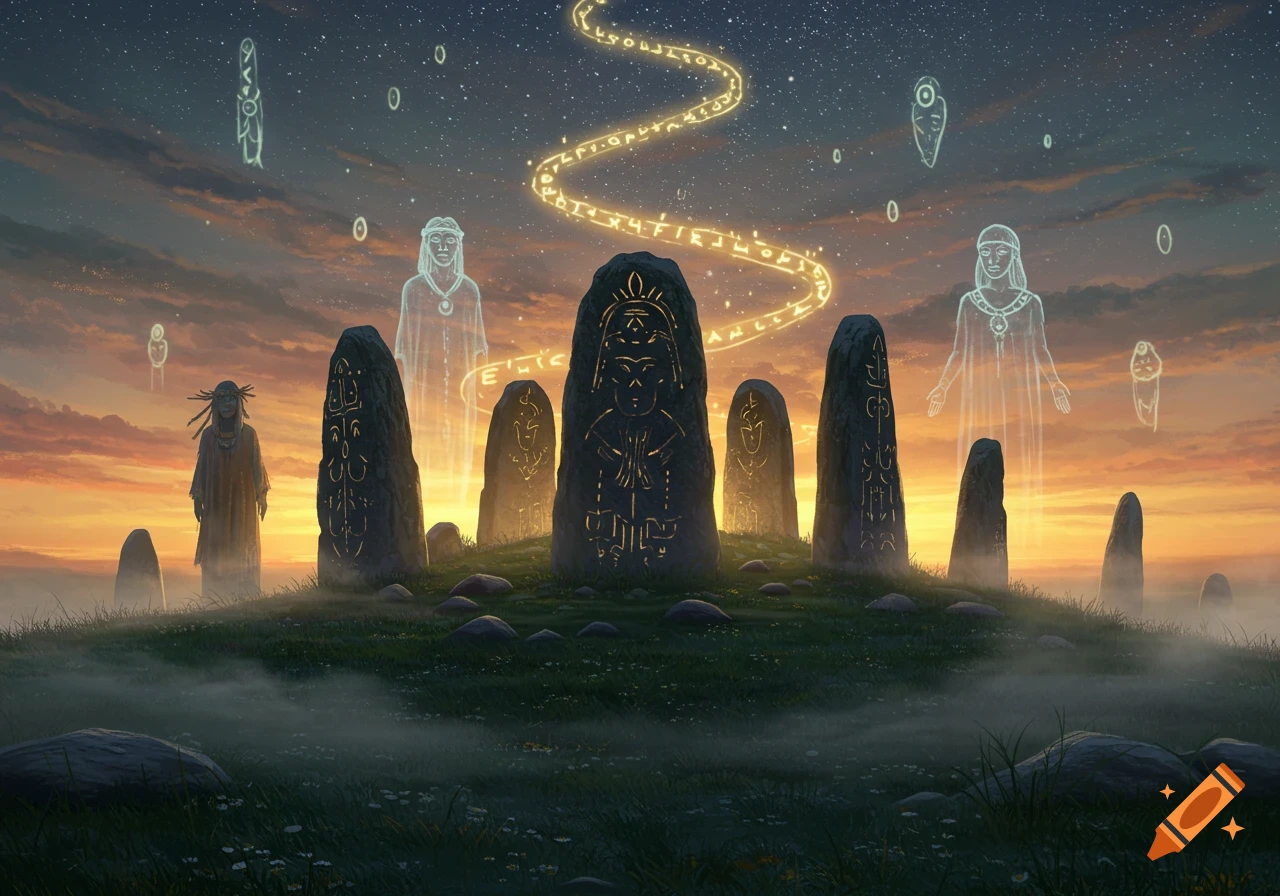 Ancient standing stones on a misty hill at sunset with glowing spectral figures and a path of runes in the starry sky.