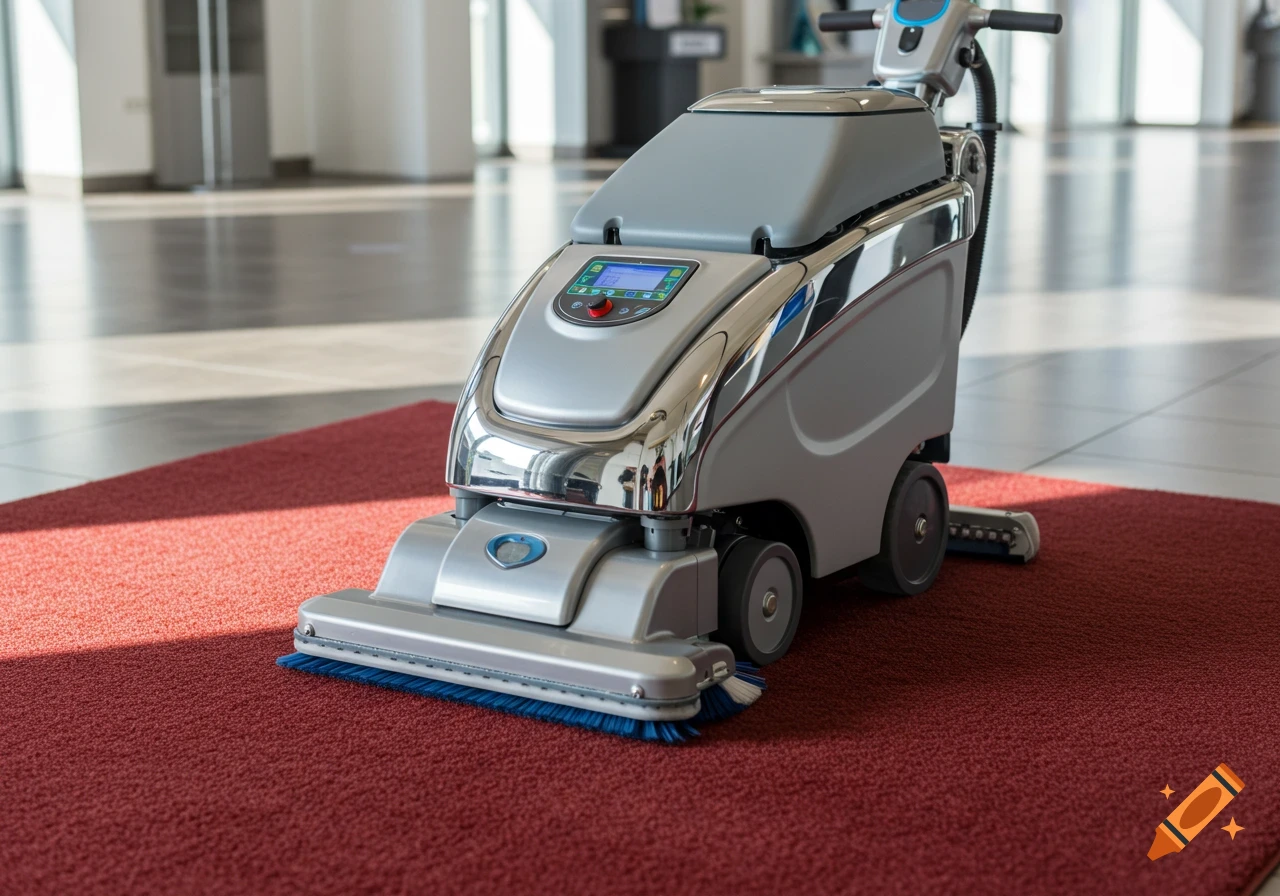A silver and grey carpet and hard floor cleaning machine with blue brushes on a red carpet in a bright room.