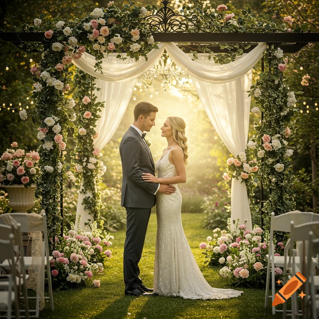 A bride and groom lovingly gaze at each other under a flower-covered wedding arch in a sunny garden, photorealistic style.