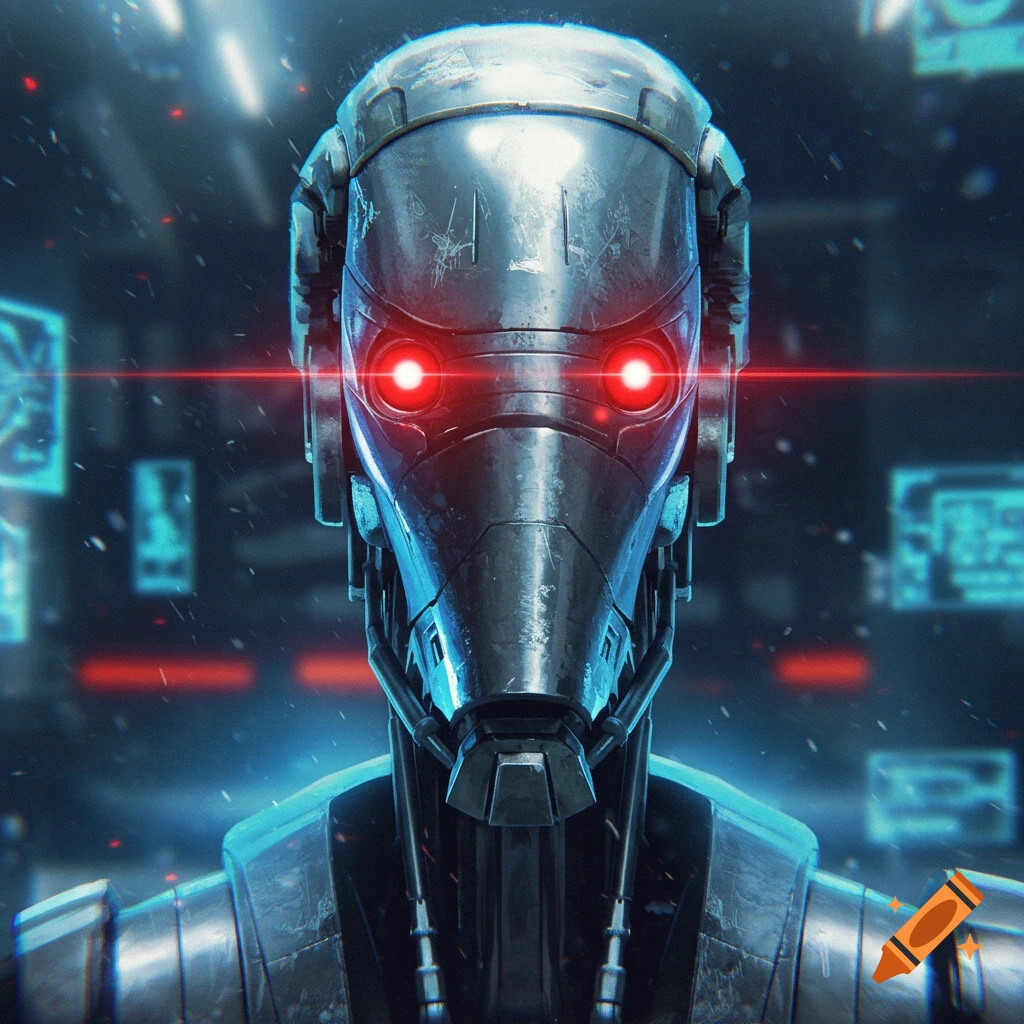 Close-up of a metallic battle droid's head with piercing red eyes, against a dark, futuristic background.
