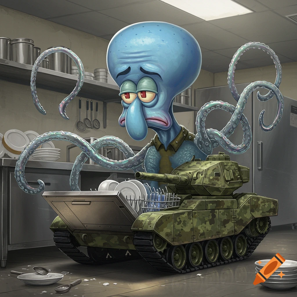 Sad blue Squidward-like character with tentacles loads dishes into a green camouflage tank dishwasher in a kitchen.