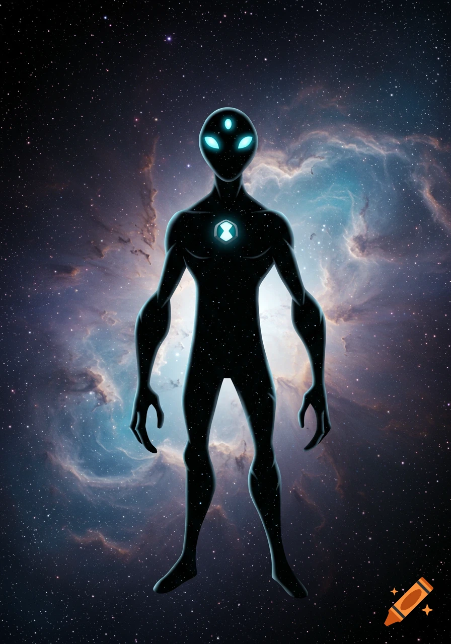 A stylized dark alien with glowing teal eyes and a chest symbol stands against a vibrant starry nebula.