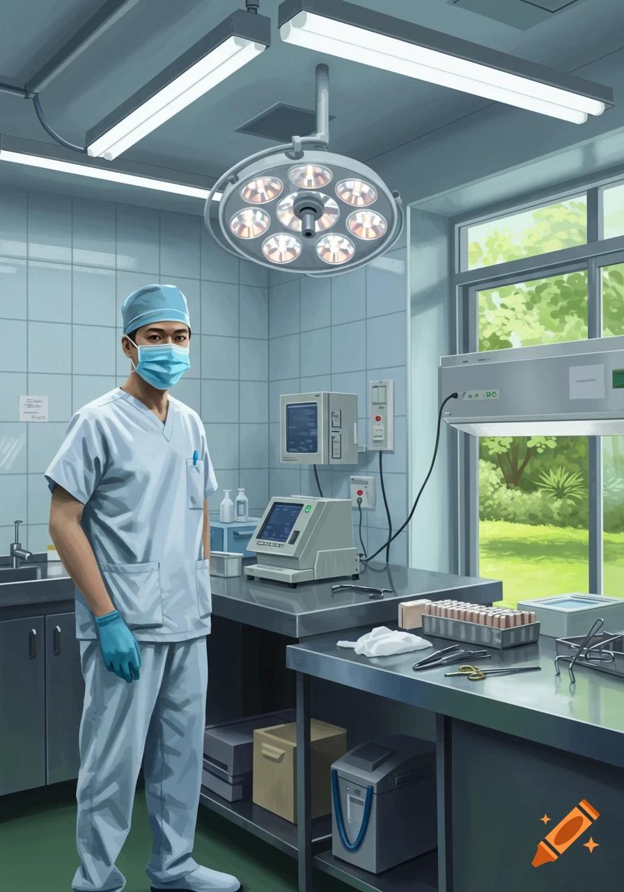 An illustrative painting of a male medical worker in scrubs and mask standing in a clean, well-lit operating room or lab.