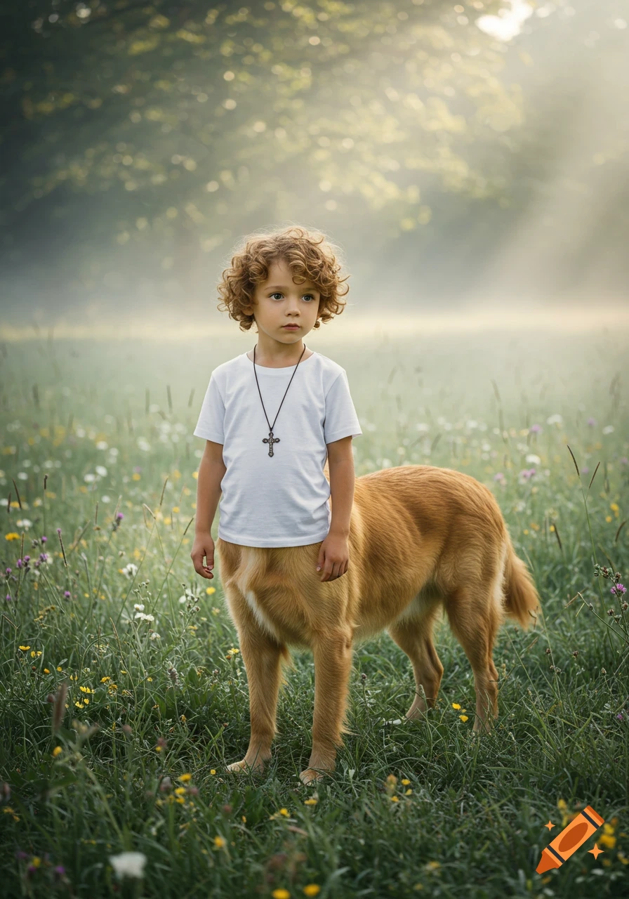 A young boy with curly hair and a cross necklace, whose lower body is that of a golden retriever, stands in a misty, grassy field.