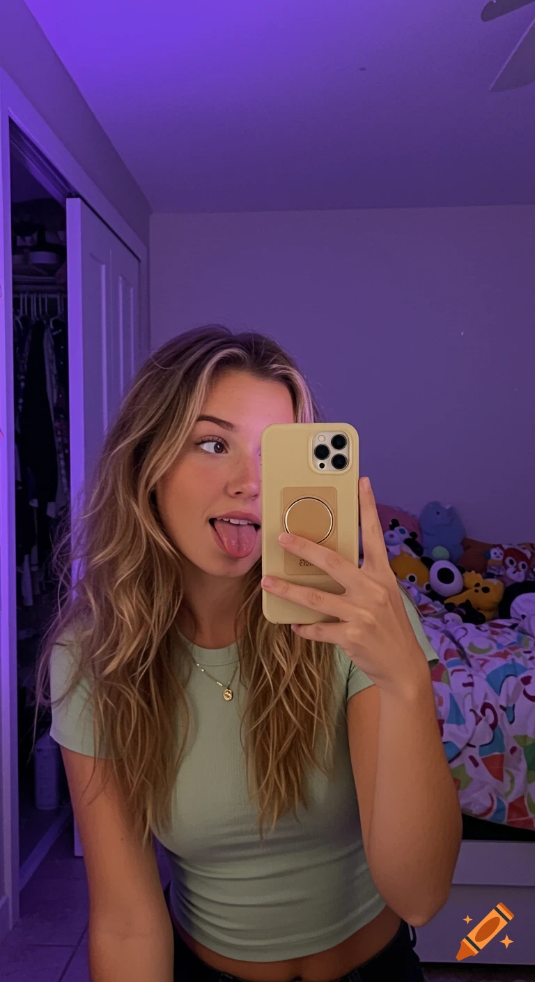 A young woman with blonde hair takes a selfie in her purple-lit bedroom, sticking out her tongue and holding an iPhone.