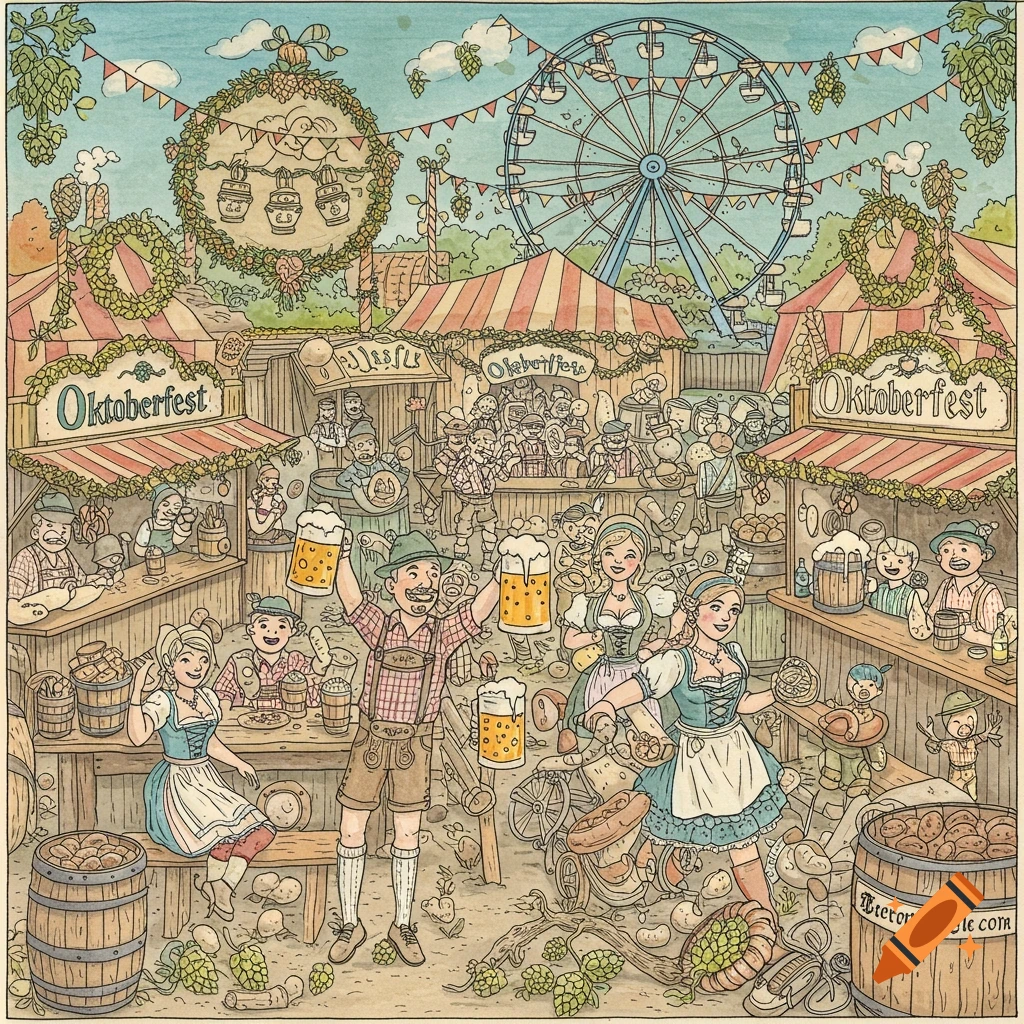 A detailed, whimsical coloring sheet illustration of a bustling Oktoberfest festival with people, beer, food stalls, and a Ferris wheel.