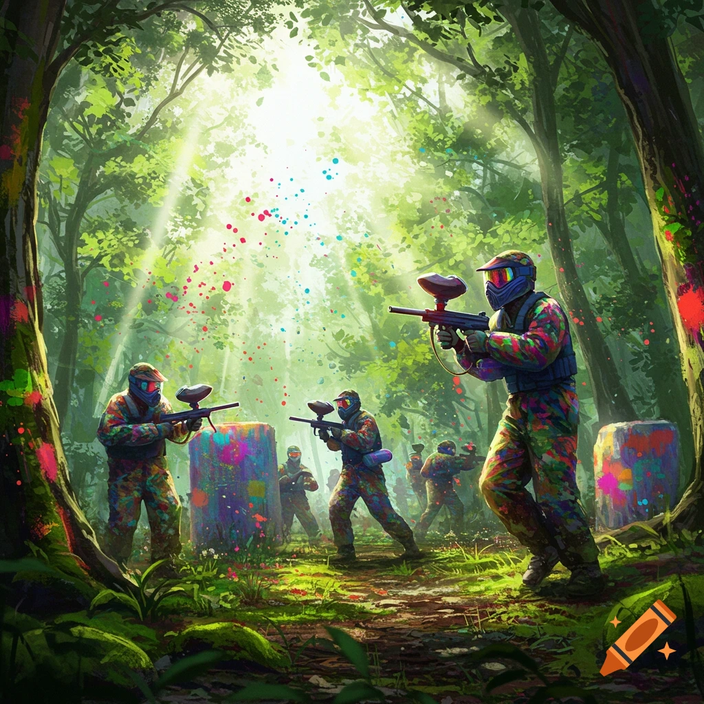 Paintball players in camo gear and masks with paintball guns in a sunlit forest with vibrant paint splatters.