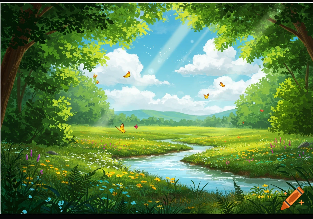 A vibrant, lush forest clearing with a winding stream, colorful wildflowers, green trees, and butterflies under a bright blue sky.