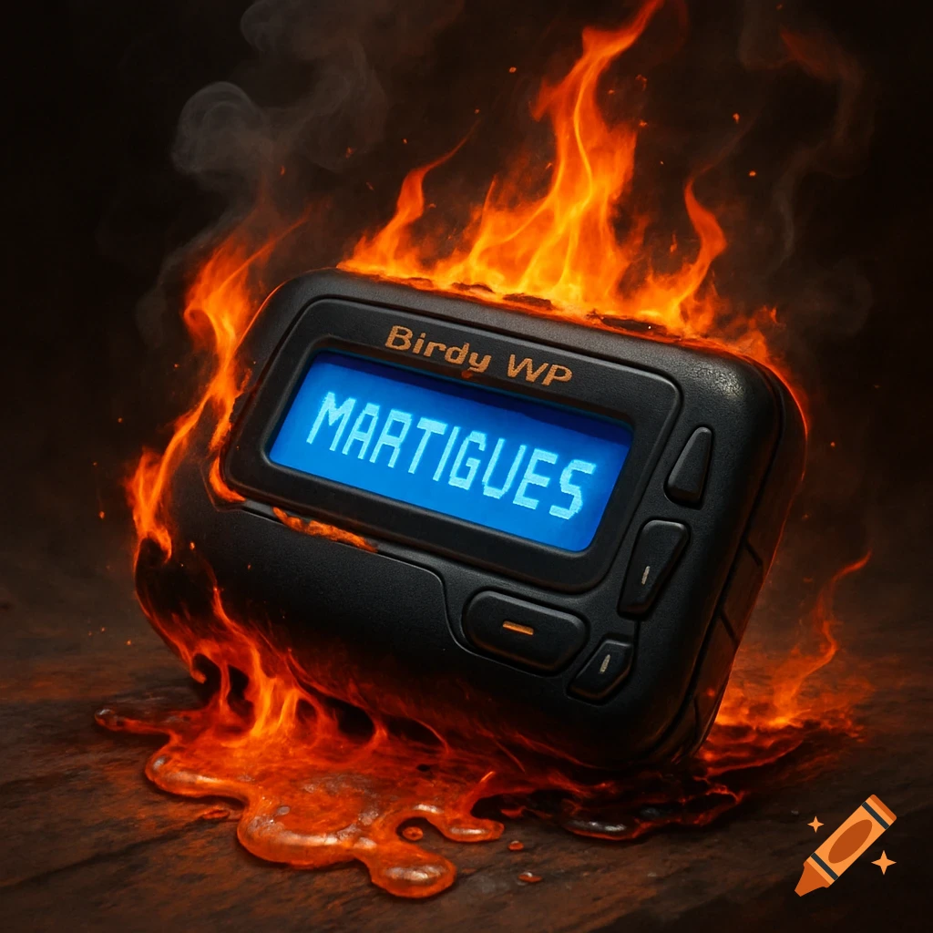A black 'Birdy WP' pager with 'MARTIGUES' on its blue screen, engulfed in bright orange flames and melting onto a dark surface.